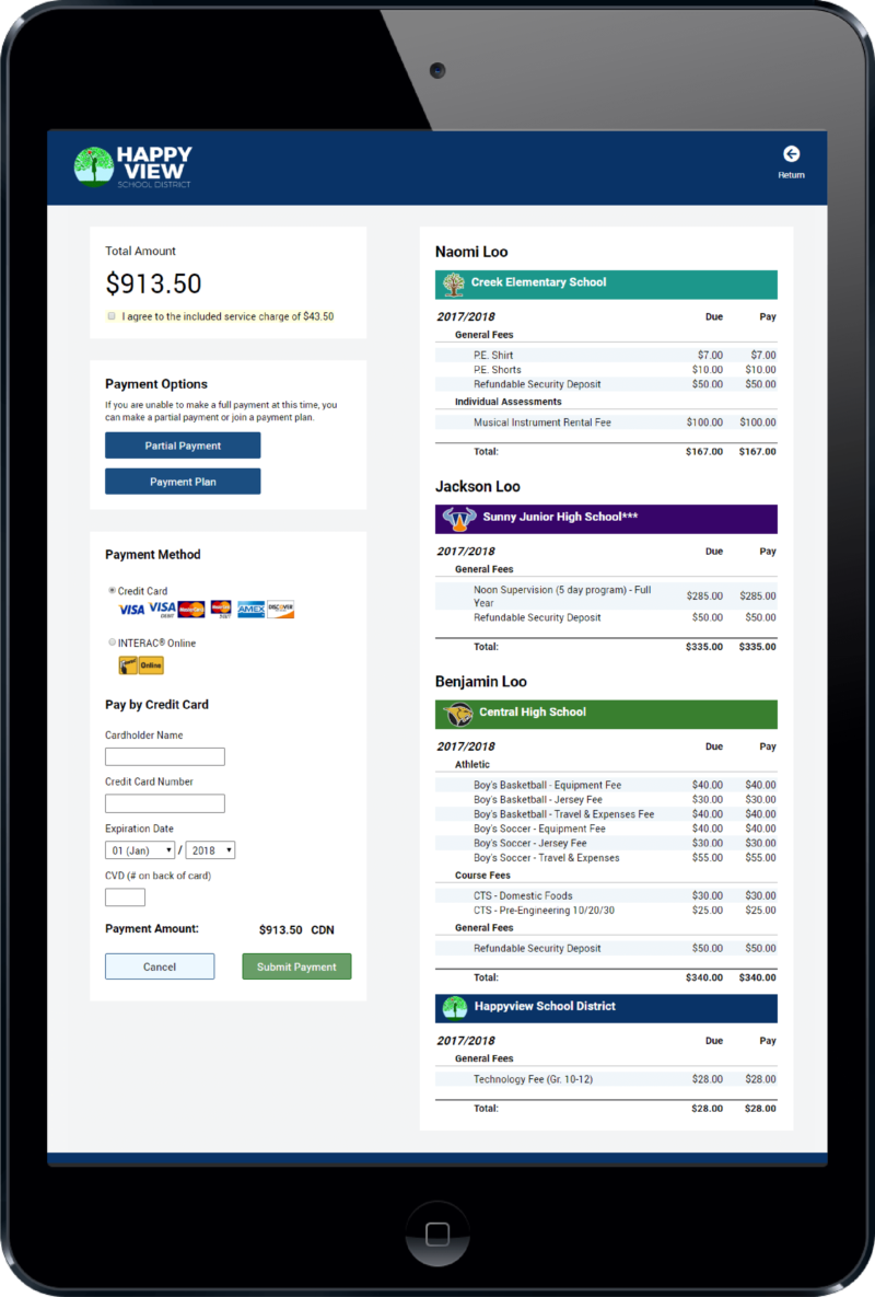 Tablet mockup of rycor school district payment report